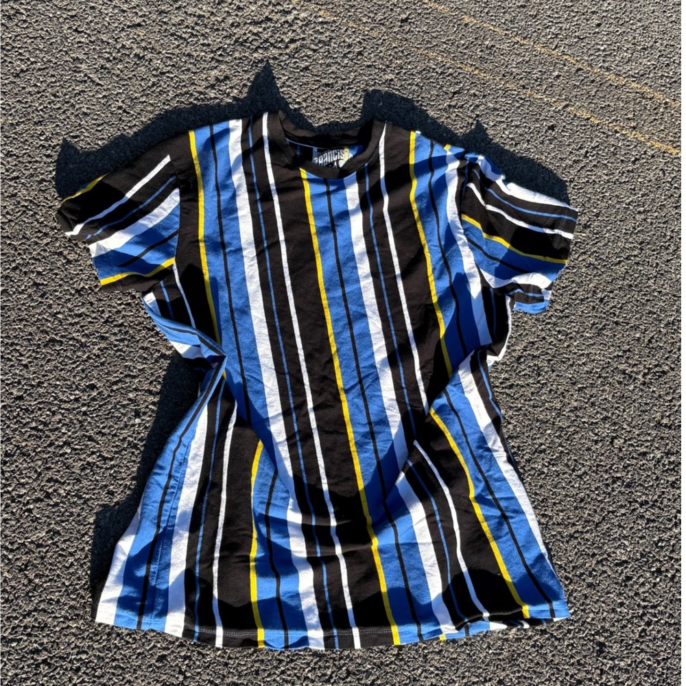 Mens‎ Vertical Stripe T Shirt Large Blue Black Yellow Retro Streetwear